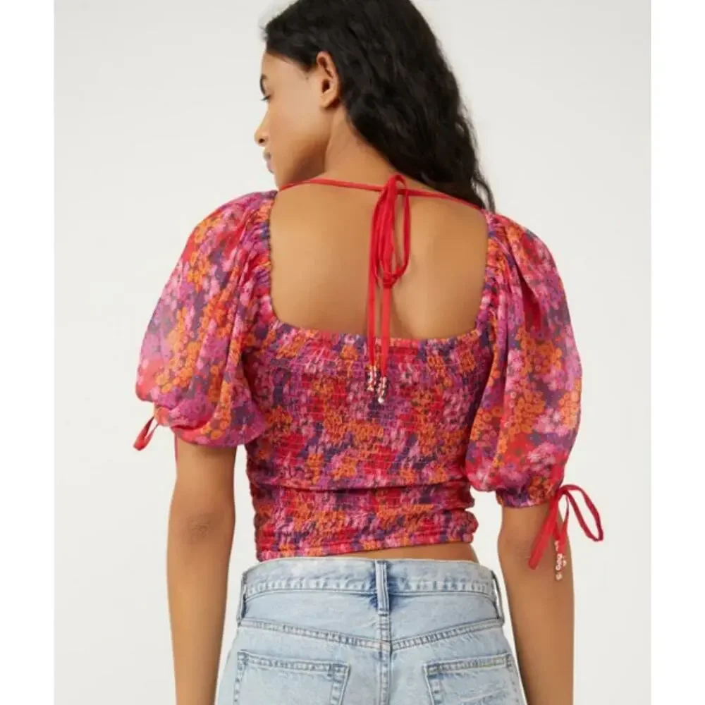 Free People Back on Top Floral Smocked Puff Sleeve Crop